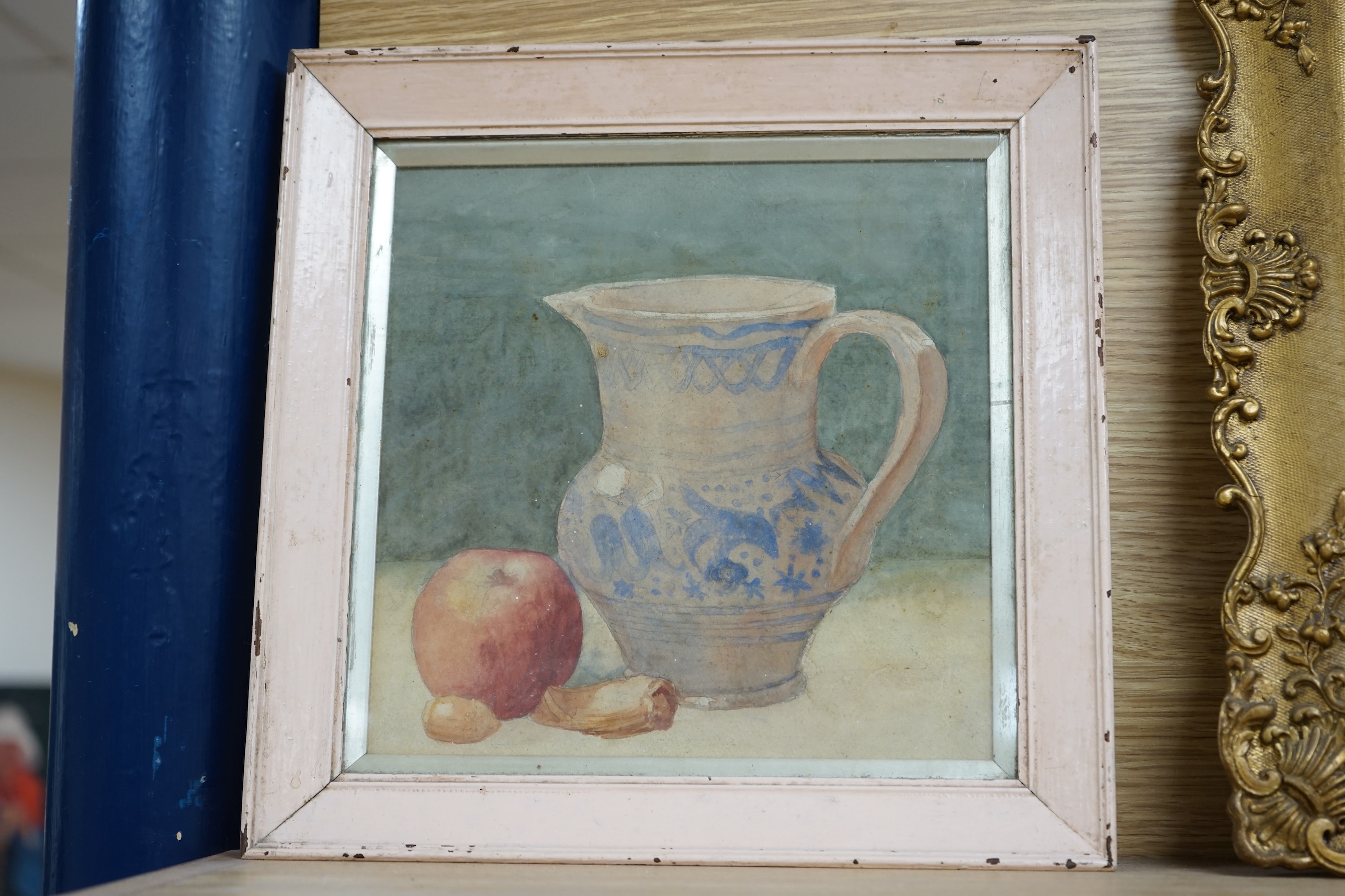 20th century School, watercolour, Still life, of a jug and apple, unsigned, 23 x 23cm. Condition - poor to fair